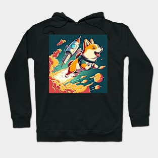 shiba inu flying into space with a rocket Hoodie